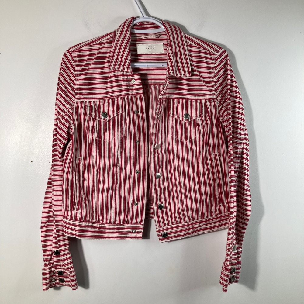 BLANKNYC Red White Striped Denim Jacket Women's Size Small Cropped Trucker